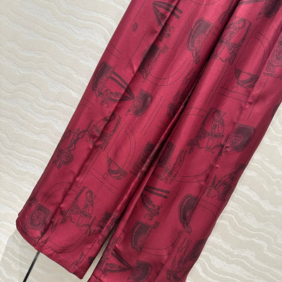 Hermes* 24SS Bordeaux Chain Print 100% Silk Straight Wide Leg Pants 1:1 VIP