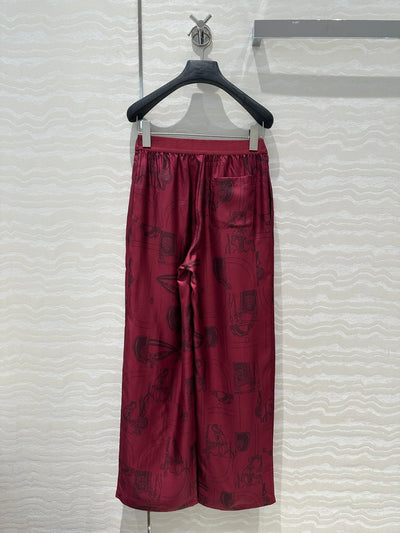 Hermes* 24SS Bordeaux Chain Print 100% Silk Straight Wide Leg Pants 1:1 VIP