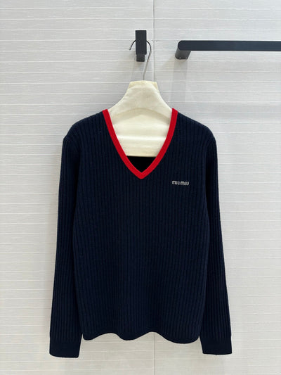 MIU* 24SS Red Edge V-Neck Cashmere Sweater 1:1 VIP 12