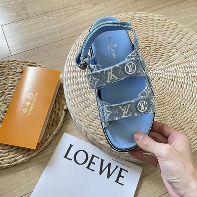 New denim sandals leather colour blocking