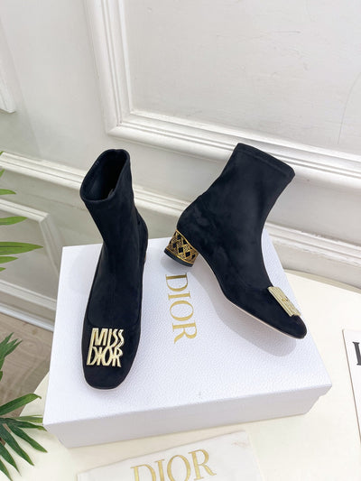 Dior 2025 autumn and winter new VIP1:1 metal rattan check cylindrical heel stretch velvet boots