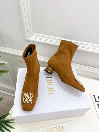 Dior 2025 autumn and winter new VIP1:1 metal rattan check cylindrical heel stretch velvet boots