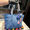 Casual and versatile L washed denim embroidered shoulder tote bag