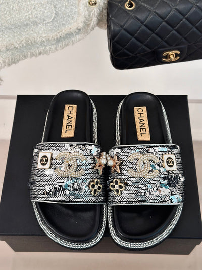 Sequined rhinestone double C lazy slippers! VIP 1:1