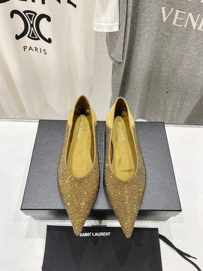 Gold Saint Laurent pointed rhinestone flat shoes mulesVIP1:1