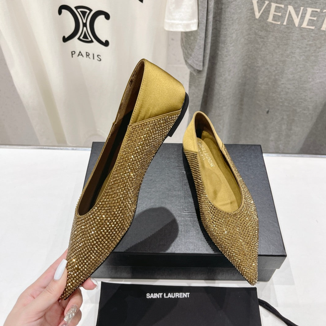 Gold Saint Laurent pointed rhinestone flat shoes mulesVIP1:1