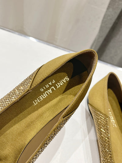 Gold Saint Laurent pointed rhinestone flat shoes mulesVIP1:1