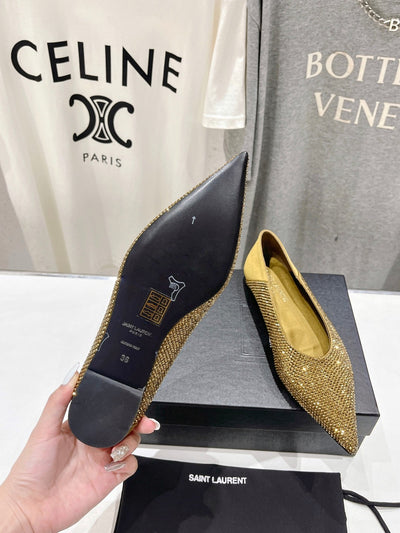 Gold Saint Laurent pointed rhinestone flat shoes mulesVIP1:1