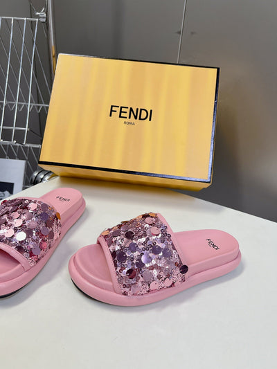 Pink Glitter Fendi Flat Slides