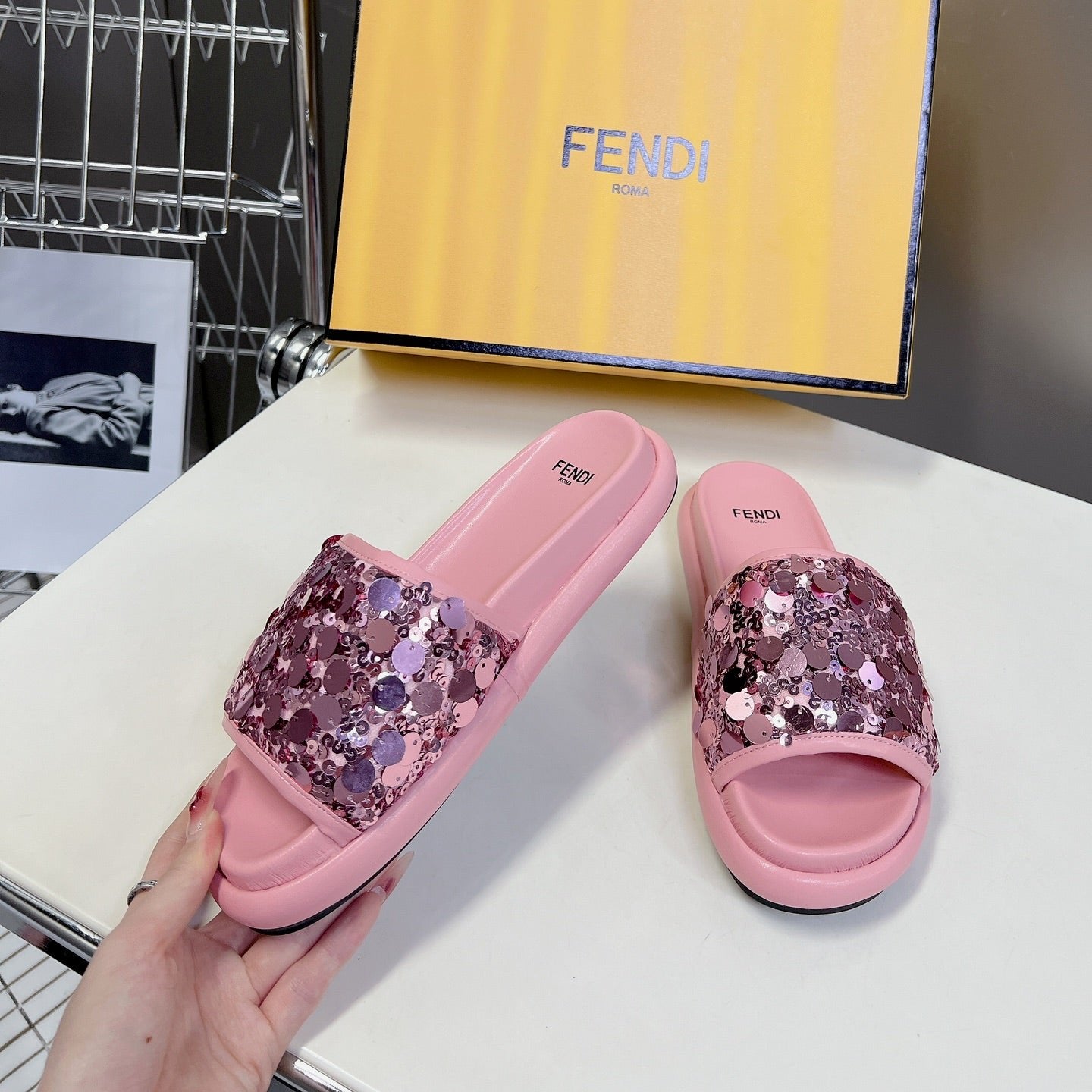 Pink Glitter Fendi Flat Slides