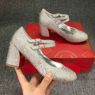 Christia** Loubout** red bottom thick heel shoes rhinestone wedding dinner