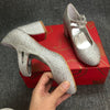 Christia** Loubout** red bottom thick heel shoes rhinestone wedding dinner