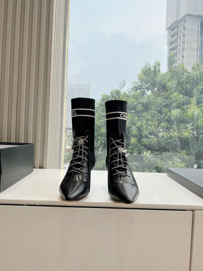 Chan*** 2025 new high quality VIP1:1 autumn and winter British style Chanel elastic knitted short boots