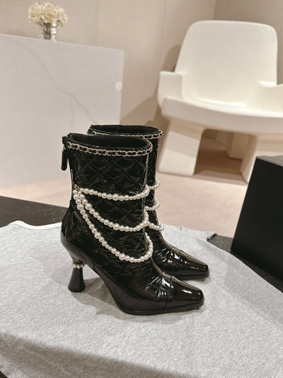 Chan**2025 new VIP1:1 pearl chain thick heel boots