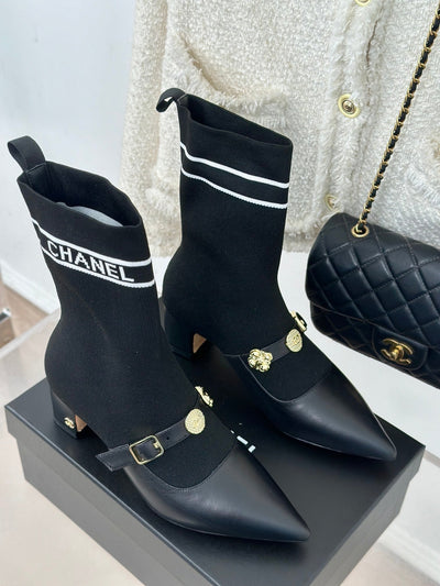 Chan***2025 Autumn and Winter New VIP1:1 Metal Double C Pointed Thick Heel Short Boots